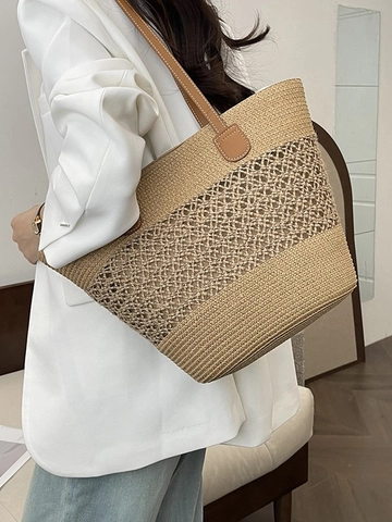 Women's Casual Straw Woven Tote Bag Large Capacity Hollow Out Beach Vacation Shoulder Bag Simple Minimalist Handbag With Leather Strap