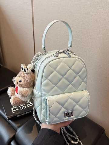 Mini Sac à Dos Matelassé pour Femmes en Cuir PU Bandoulière Chaîne Sac à Épaule Polyvalent Avec Pendentif Ours Mignon