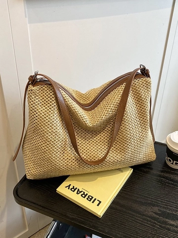 Grand Sac Fourre-tout en Paille Tissée Avec Garniture en Similicuir PU Fermeture Éclair Vintage Femme Plage Sac à Épaule