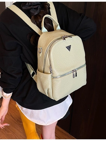 Sac à Dos en Toile pour Femme Mode Texture Litchi Grande Capacité Sac de Voyage Avec Logo Métallique Triangle