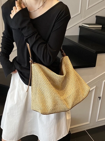 Grand Sac Fourre-tout en Paille Tissée Avec Garniture en Similicuir PU Fermeture Éclair Vintage Femme Plage Sac à Épaule