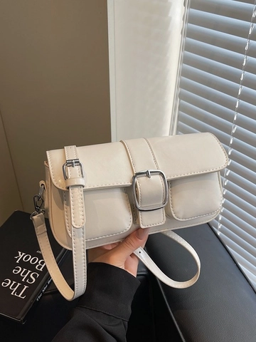 Sac Bandoulière en Cuir PU Rétro Mode pour Femmes Petit Sac à Épaule Carré Chic Avec Boucle Argentée Doubles Poches Polyvalent