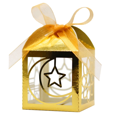 Laser Cut Ramadan Eid Mubarak Favor Box Hollow Crescent Moon Star Candy Gift Box With Ribbon For Islamic Party Wedding
