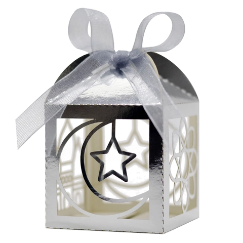 Laser Cut Ramadan Eid Mubarak Favor Box Hollow Crescent Moon Star Candy Gift Box With Ribbon For Islamic Party Wedding