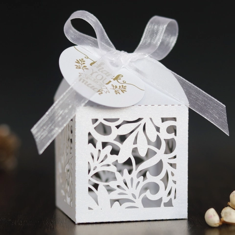 Scatoline Porta Confetti in Carta Perlata Taglio Laser Con Fiocco Etichette Thank You Per Matrimonio Festa Decorazione Regalo