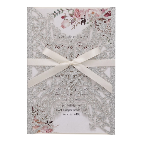Cartes d'Invitation Pailletées Découpe Laser Motif Ajouré Européen Invitations de Mariage Avec Rubans et Pages Intérieures Articles de Fête