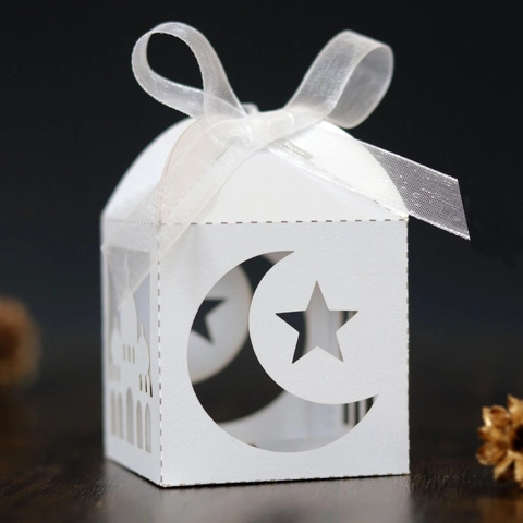Laserschnitt Ramadan Süßigkeitenschachtel Mond Stern Moschee Design Perlmuttpapier Geschenkbox Mit Band Für Eid Mubarak Party