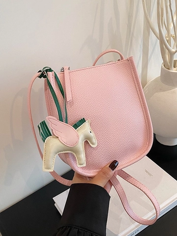 Women Litchi Pattern PU Leather Bucket Bag Niche High-End Crossbody Bag With Horse Pendant Minimalist Shoulder Bag Daily Travel Satchel