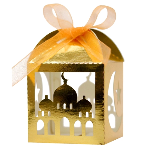 Laserschnitt Ramadan Süßigkeitenschachtel Mond Stern Moschee Design Perlmuttpapier Geschenkbox Mit Band Für Eid Mubarak Party