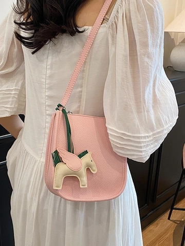 Women Litchi Pattern PU Leather Bucket Bag Niche High-End Crossbody Bag With Horse Pendant Minimalist Shoulder Bag Daily Travel Satchel