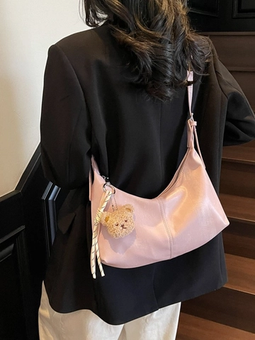 Sac Hobo Tendance en Cuir PU pour Femmes Plissé Couleur Unie Sac à Bandoulière Avec Pendentif Ours Sac à Main Élégant
