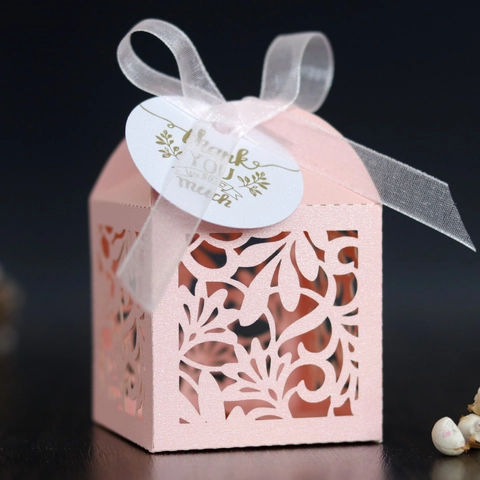 Scatoline Porta Confetti in Carta Perlata Taglio Laser Con Fiocco Etichette Thank You Per Matrimonio Festa Decorazione Regalo