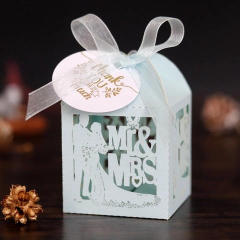 Mr & Mrs Laserschnitt Hochzeit Süßigkeitenbox Braut Bräutigam Silhouette Perlmuttpapier Geschenkbox Mit Band Hellblau