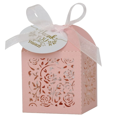 Scatola Regalo Europea Intaglio Laser Rosa Con Fiocco E Targhetta Di Ringraziamento Per Matrimonio Festa Caramelle Carta Perlata