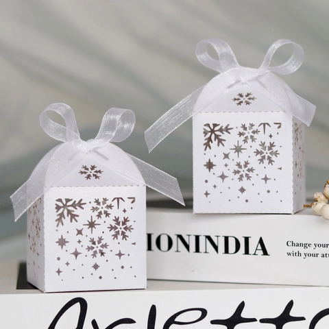Schneeflocke Laserschnitt Süßigkeitenbox Perlpapier Party Geschenkbox Mit Band Für Hochzeit Weihnachten Geschenkverpackung