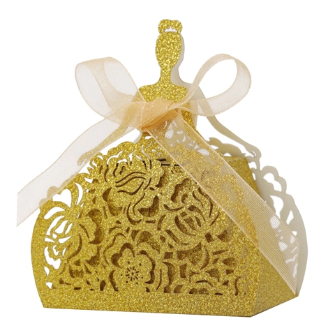 Laser Cut Κουτιά για Μπομπονιέρες Σχήμα Φόρεμα Πριγκίπισσας με Χρυσόσκονη Μοτίβο Τριαντάφυλλο Κουτί Δώρου για Γάμο Πάρτι Βάπτιση