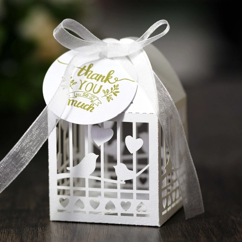 White Laser Cut Birdcage Candy Box European Hollow Heart Bird Favor Boxes With Ribbon Thank You Tag Wedding Party Gift Box