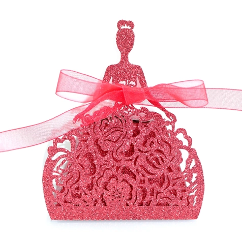 Laser Cut Glitter Princess Dress Shape Candy Box Elegant Rose Hollow Favor Gift Box With Ribbon For Wedding Party Decoration