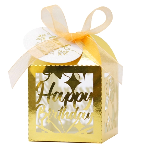 Laser Cut Happy Birthday Gift Box With Ribbon And Thank You Tag Pearlescent Paper Candy Boxes For Party Favor Decoration