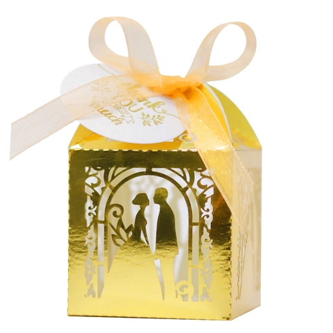 Laser Geschnitten Hochzeit Süßigkeitenschachtel Braut Und Bräutigam Silhouette Perlmuttpapier Geschenkbox Mit Band Party