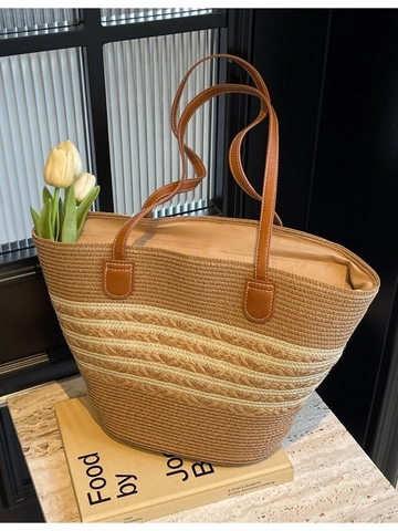 Grand Sac Cabas Tissé en Paille pour Femmes Design Rayé Avec Bandoulières en Cuir PU Sac à Épaule de Plage Été Urbain