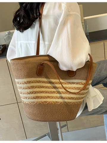 Grand Sac Cabas Tissé en Paille pour Femmes Design Rayé Avec Bandoulières en Cuir PU Sac à Épaule de Plage Été Urbain