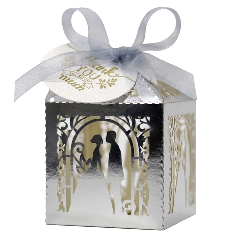 Laser Geschnitten Hochzeit Süßigkeitenschachtel Braut Und Bräutigam Silhouette Perlmuttpapier Geschenkbox Mit Band Party