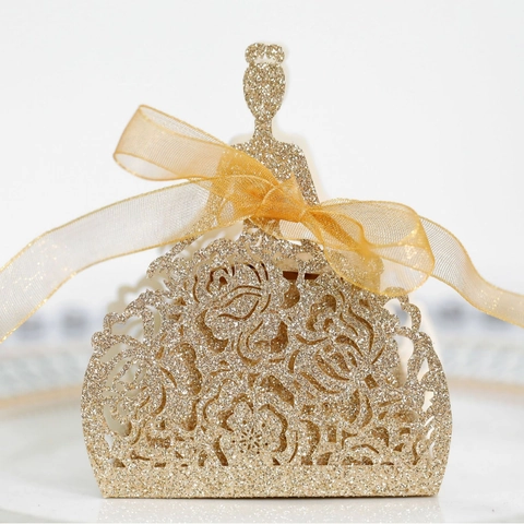 Scatola Regalo Glitter Taglio Laser Svuotata Forma di Principessa Con Nastro per Matrimonio Festa Compleanno Confezione Caramelle