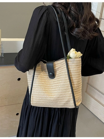 Sac Fourre-tout Tissé en PU Polyester pour Femmes Grande Capacité Sac à Épaule Décontracté Été Minimaliste Sac à Main Navette