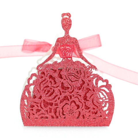 Laser Cut Glitter Princess Dress Shape Candy Box Elegant Rose Hollow Favor Gift Box With Ribbon For Wedding Party Decoration