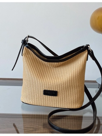 Sac sous le Bras en Paille Tissée de Niche Femmes Mode Garniture en Cuir PU Sac Seau Épaule Décontracté Vacances Sac Bandoulière