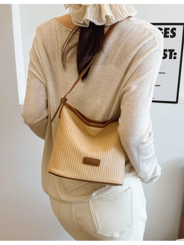 Sac sous le Bras en Paille Tissée de Niche Femmes Mode Garniture en Cuir PU Sac Seau Épaule Décontracté Vacances Sac Bandoulière