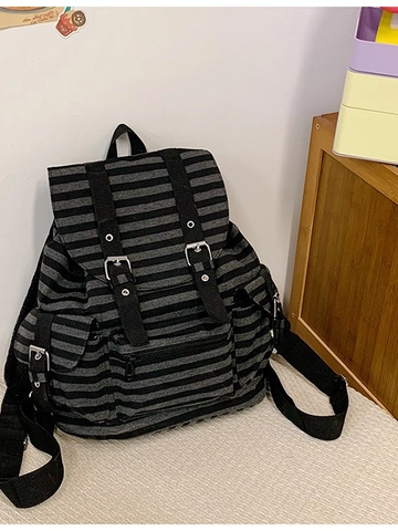Sac à Dos en Toile à Rayures Rétro pour Femmes Mode Grande Capacité Style Coréen Sac d'École avec Rabat et Boucle Sac de Voyage Décontracté