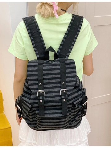 Sac à Dos en Toile à Rayures Rétro pour Femmes Mode Grande Capacité Style Coréen Sac d'École avec Rabat et Boucle Sac de Voyage Décontracté
