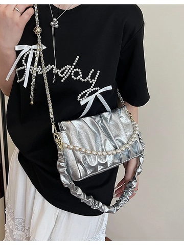 Sac Nuage Plissé pour Femmes Mode PU Sac sous le Bras Avec Grande Chaîne en Perles Artificielles Sac à Bandoulière Décontracté