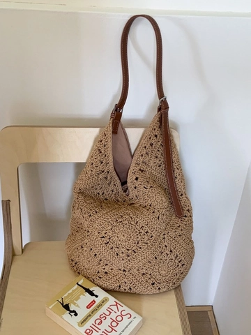 Sac à Épaule en Coton Crocheté à la Main Bohème Tissé Sac de Plage Pour Femmes Vacances Été Mode Voyage Sac à Épaule