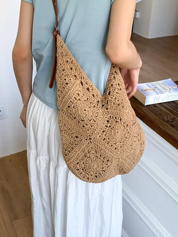 Sac à Épaule en Coton Crocheté à la Main Bohème Tissé Sac de Plage Pour Femmes Vacances Été Mode Voyage Sac à Épaule