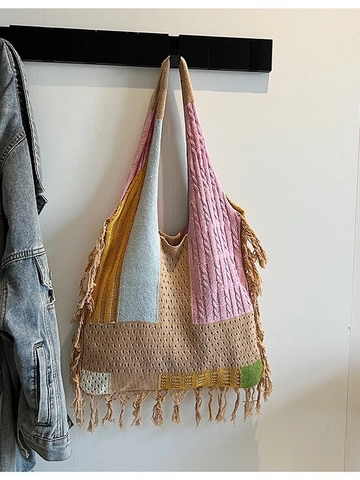 Sac Cabas en Tricot Patchwork Bohémien pour Femmes Paille Tissé Gland Sac à Épaule Crochet Coloré Ajouré Main Sac de Plage