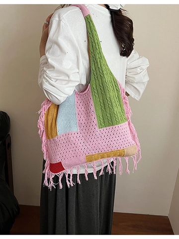 Sac Cabas en Tricot Patchwork Bohémien pour Femmes Paille Tissé Gland Sac à Épaule Crochet Coloré Ajouré Main Sac de Plage