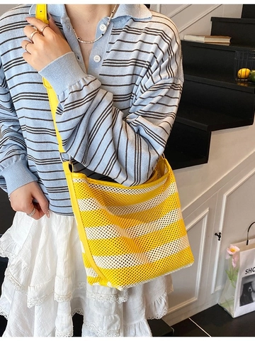 Sac Cabas Rayé Tissé de Grande Capacité pour Femmes Sac à Épaule de Plage d'Été Décontracté Garniture en Cuir Synthétique