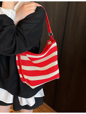 Sac Cabas Rayé Tissé de Grande Capacité pour Femmes Sac à Épaule de Plage d'Été Décontracté Garniture en Cuir Synthétique