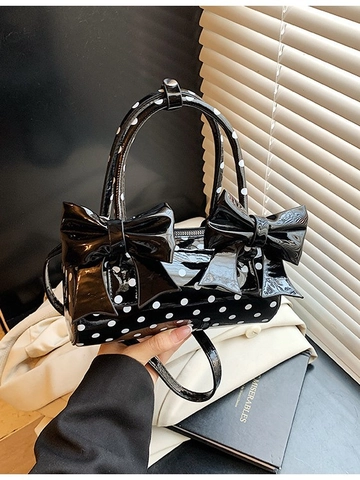Bolso de Mano Vintage de Lunares para Mujer de Cuero PU Bolso Bandolera Cilíndrico Con Lazo Grande Bolso de Moda