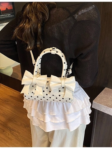 Bolso de Mano Vintage de Lunares para Mujer de Cuero PU Bolso Bandolera Cilíndrico Con Lazo Grande Bolso de Moda