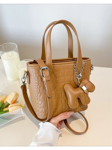 Sac Seau en Simili Cuir Gaufré Crocodile pour Femmes Sac Bandoulière Minimaliste Vintage Avec Pendentif Chien Petit Sac à Main Quotidien