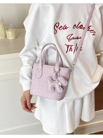 Sac Seau en Simili Cuir Gaufré Crocodile pour Femmes Sac Bandoulière Minimaliste Vintage Avec Pendentif Chien Petit Sac à Main Quotidien