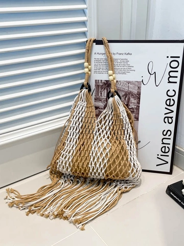 Sac Cabas Femme Bohème en PU Tissé à la Main avec Glands Sac à Épaule Ajouré Ethnique Grande Capacité pour Plage Vacances Main Avec Perles