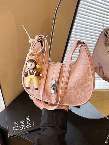 Lychee Texture PU Leather Hobo Bag For Women Casual Crossbody Dumpling Bag With Cute Doll Pendant Silver Tone Hardware