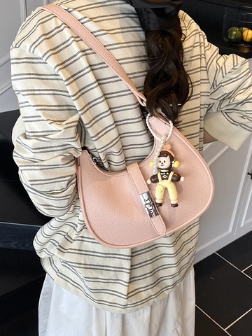 Lychee Texture PU Leather Hobo Bag For Women Casual Crossbody Dumpling Bag With Cute Doll Pendant Silver Tone Hardware