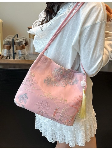 New Chinese Style Embroidery Shoulder Bag Lace Floral Landscape Pattern Bucket Bag With Tassel For Women Retro Fashion Handbag