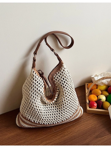 Women Fashion Hollow Out Straw Woven Shoulder Bag Large Capacity Summer Beach Tote Casual Hobo Purse With PU Leather Strap